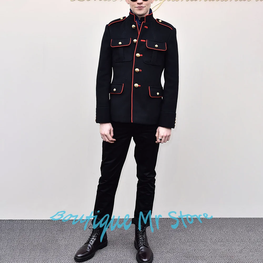 

Элегантные мужские черные военные костюмы с красной отделкой, однобортный комплект из двух предметов (куртка + брюки) для официальной вечеринки