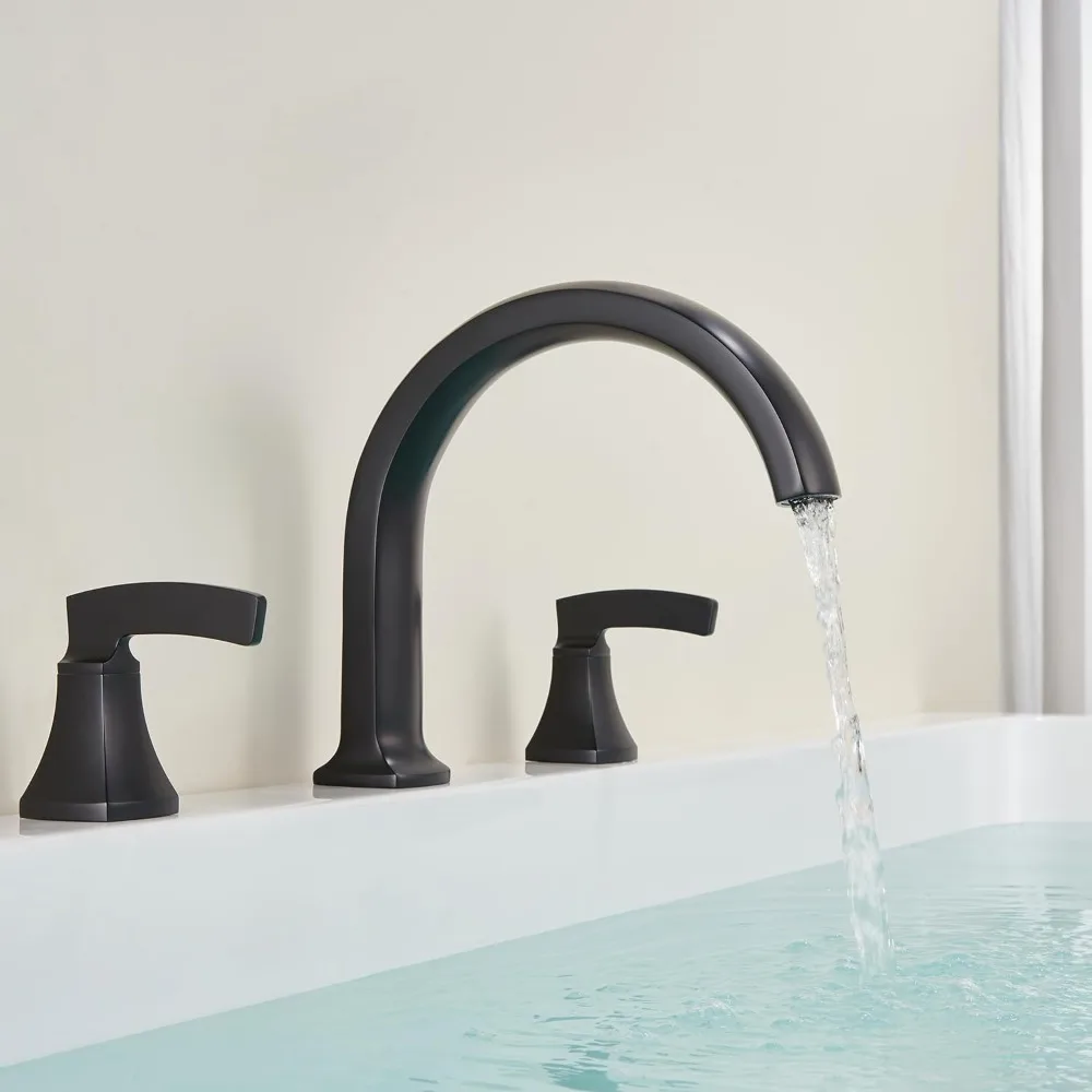 Black Deck-Mounted 3-Hole Waterfall Tub Filler with Brass Handles for Roman Tub Bathroom Faucets