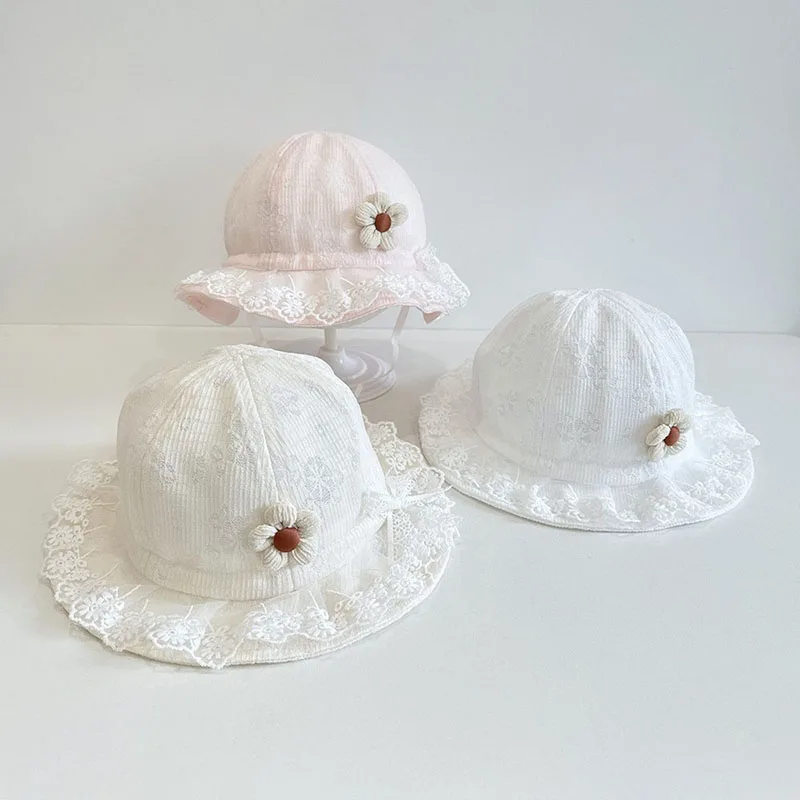 

Princess Girl Lace Basin Hat Soft Cotton Baby Sunshade Fisherman Hats 3-8Month Newborn Sunscreen Bucket Cap Sweet Flower Visors