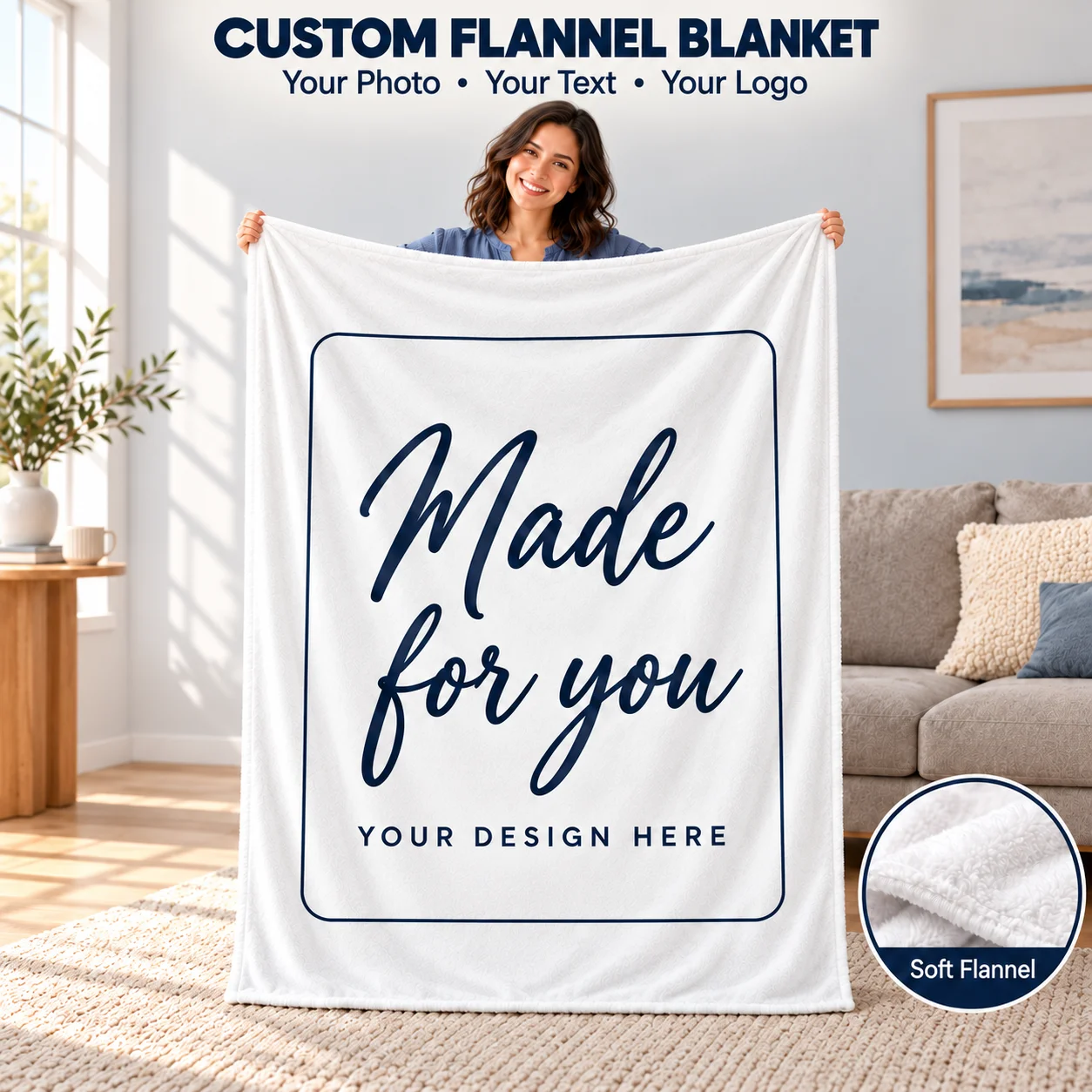 Personalized Photo Flannel Blanket Custom Name Logo Blanket For Mother Family Pet Gift Picture Memorial Throw Blanket