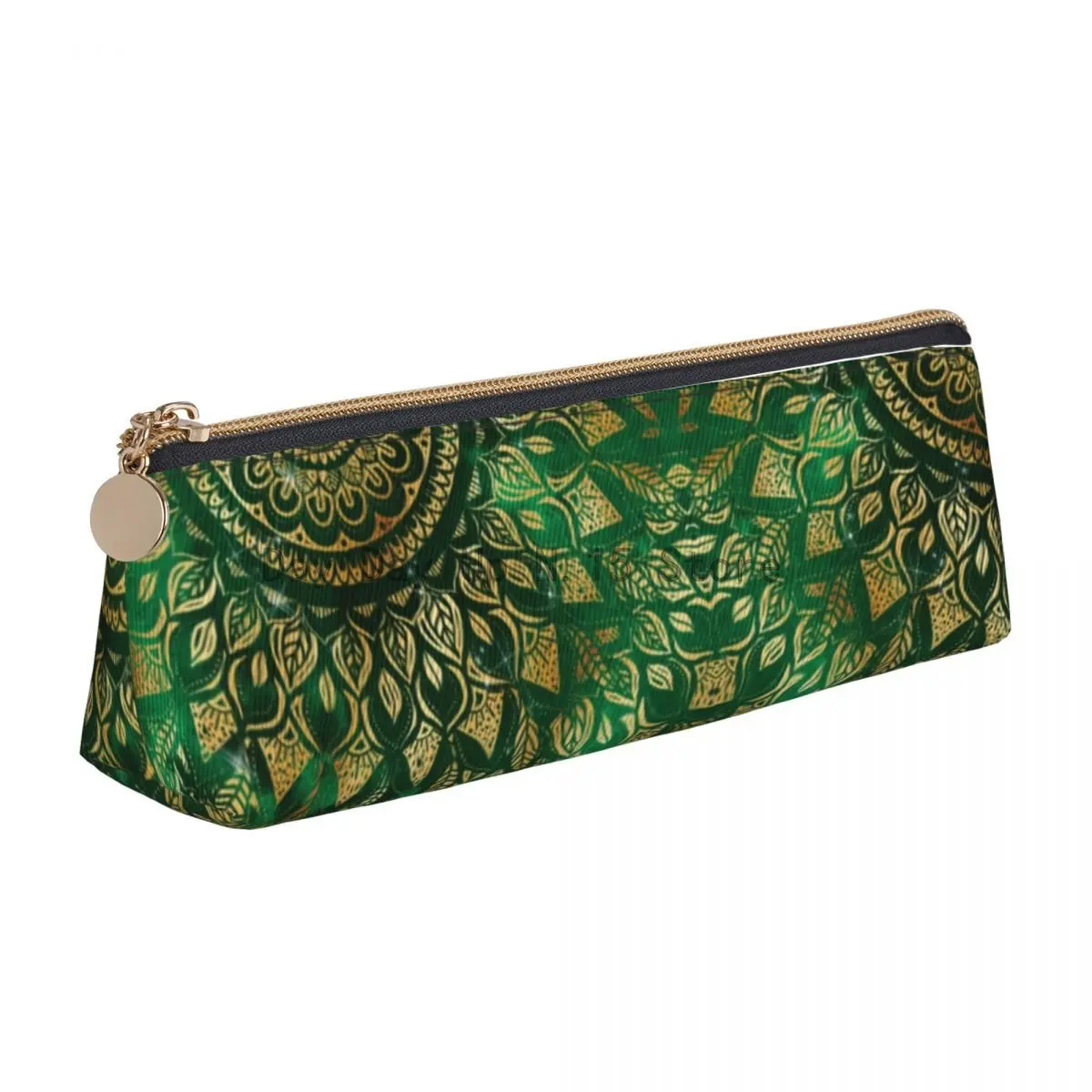 

Gold Green Mandala Flower Triangle Pencil Case Elegant Henna Floral Print Retro Zip Pencil Box Teens College Leather Pen Pouch