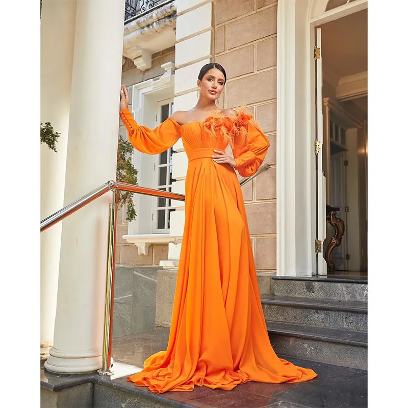 Elegant A-Line Evening Dresses Bateau Hand Made Flowers Off Shoulder Gowns Sweep Train Vestidos De Noche Formal Occasion