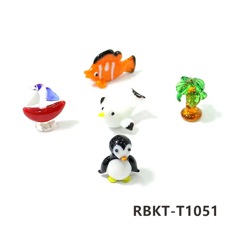 5Pcs Leuke Glas Zee Dier Mini Beeldjes Japanse Stijl Tiny Kokospalm Dolfijn Vis Schildpad Krab Clownfish Pinguïn Meeuw walvis