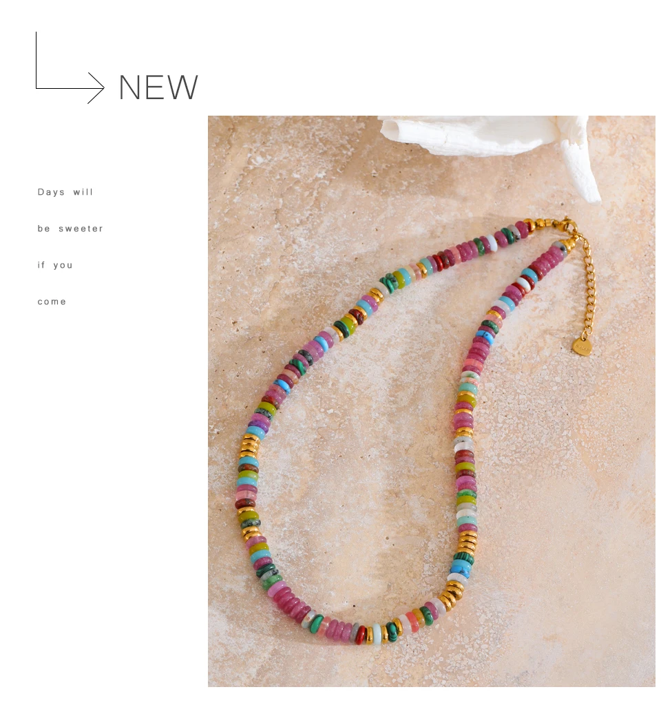 Yhpup Bunte Natursteinperlen, handgefertigte Kette, Y2K-Mode-Halskette für Frauen, Edelstahl, wasserdicht, Kragen, Schmuck, Geschenk – Detail 14