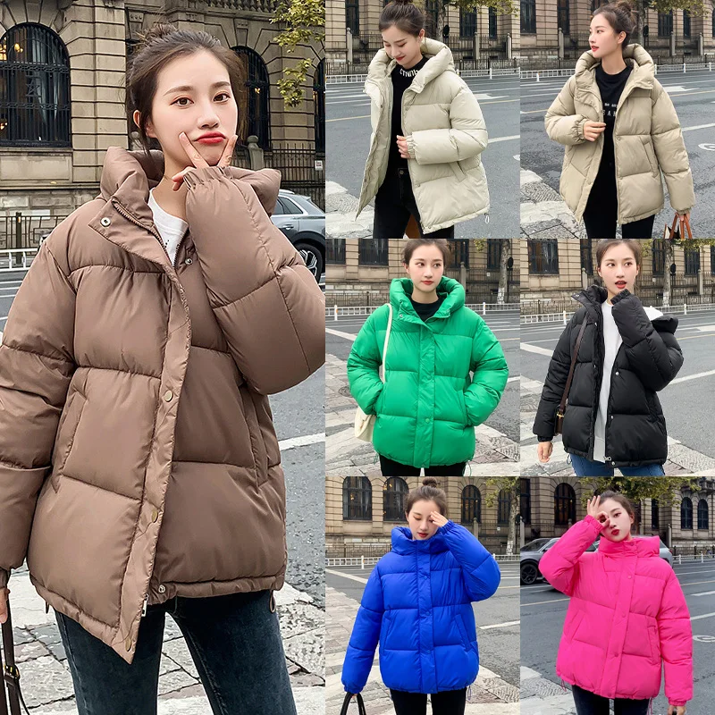 Winter Women's Fashion Padded Jacket Cotton Jacket Short Bread Suit Solid Color Casual Stand Collar Thickened Warm Loose Coat