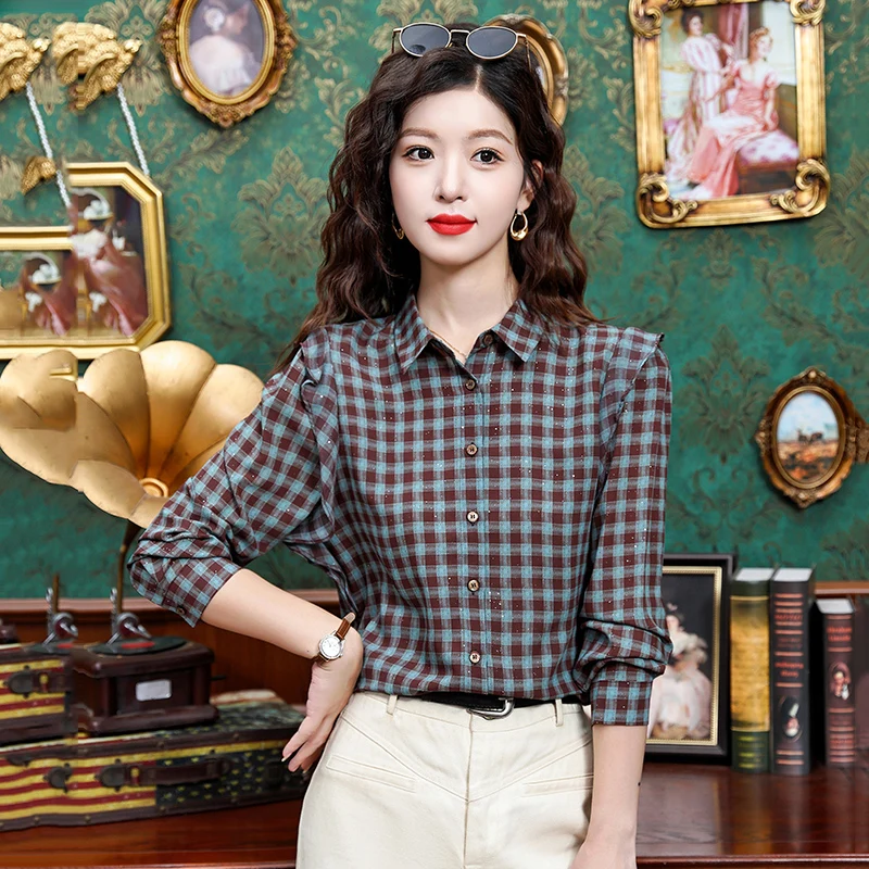 Vintage damesblouses Casual geruit overhemd Mode losse lente/zomer Koreaanse kleding Damestops met lange mouwen