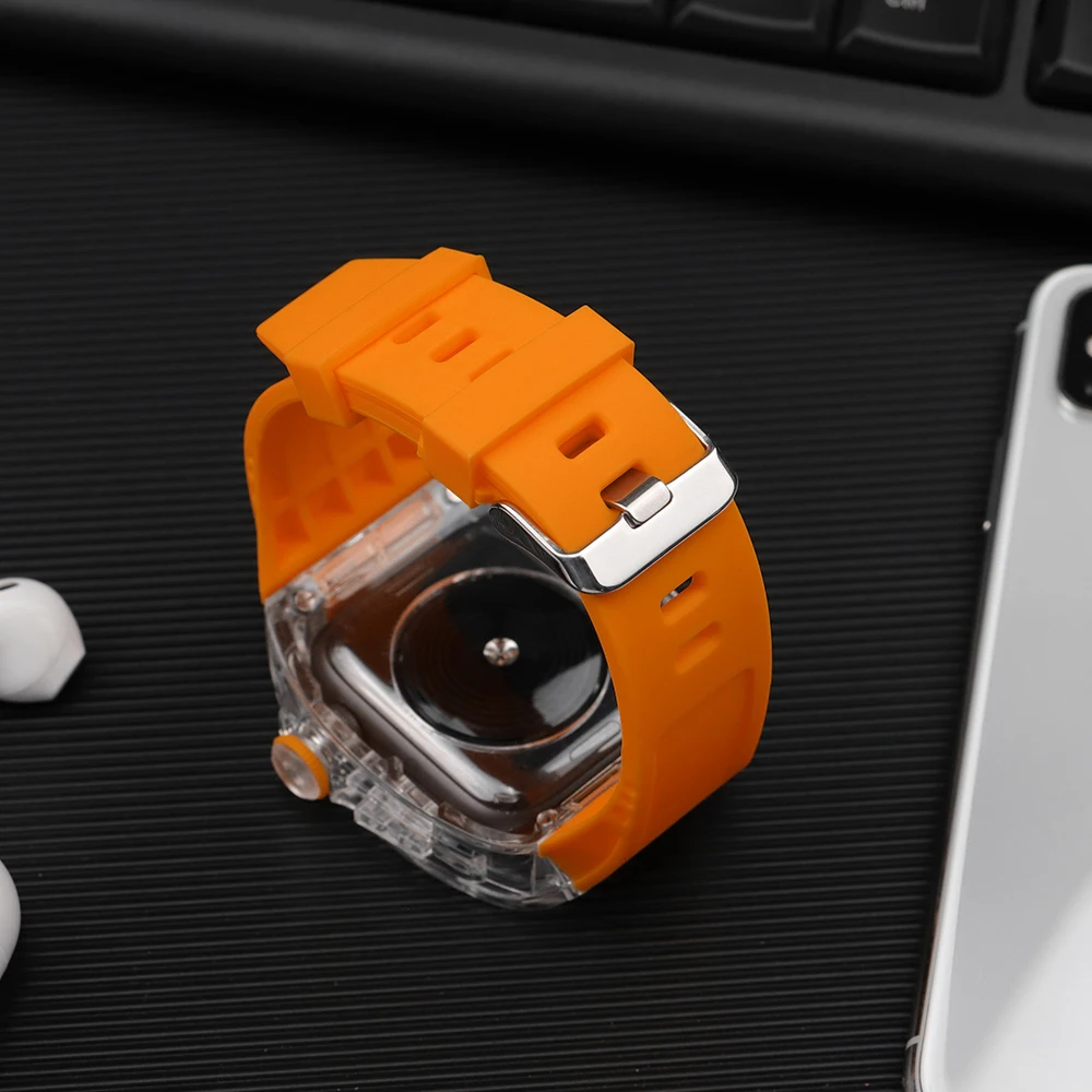 Capa Transparente Bumper Sport Rubber Strap, Kit de Modificação para Apple Watch Band, iWatch Series 8, 7, 6, SE, 5, 4, 44mm, 45mm, Luxo