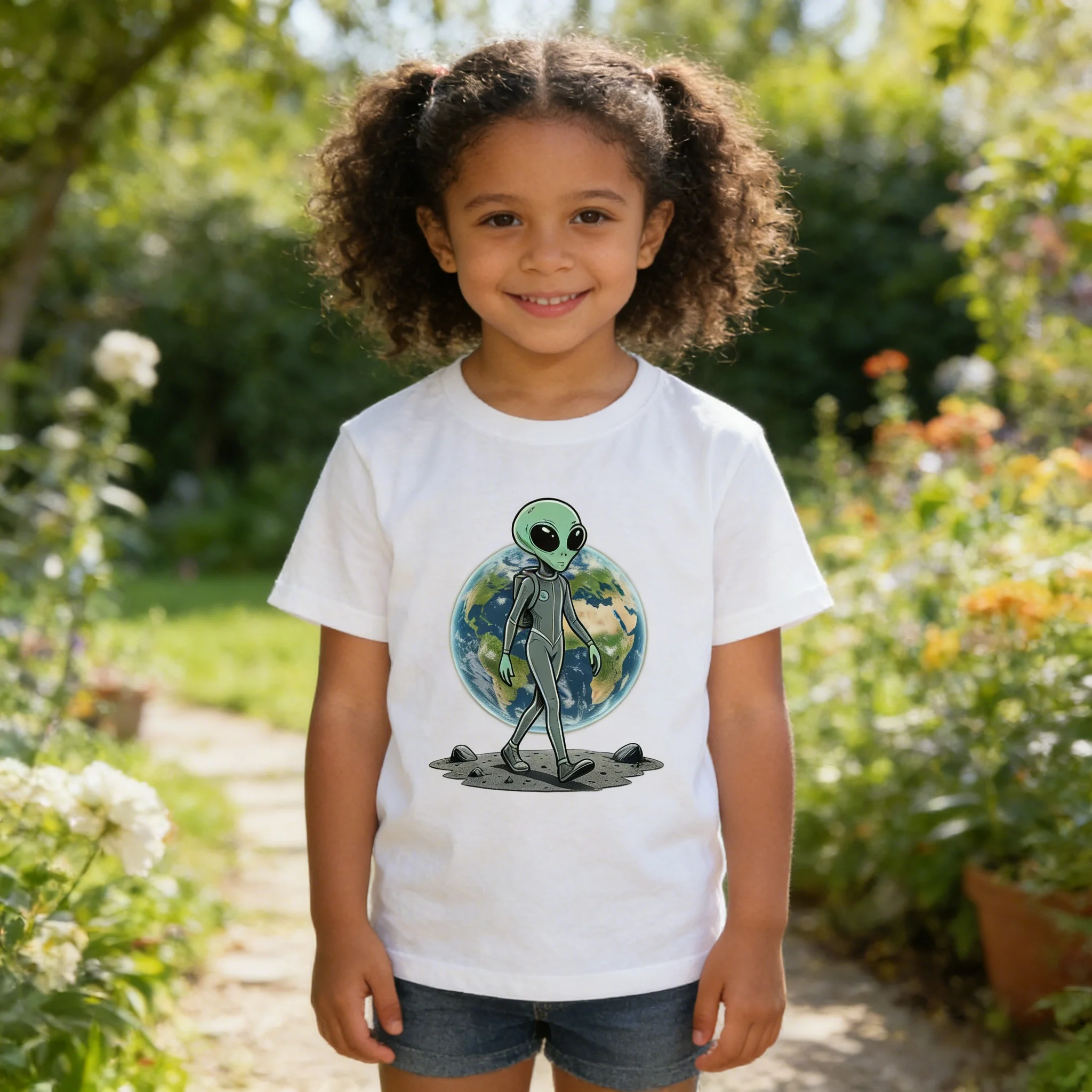 Alien Moonwalk Print Loose Kids Short Sleeve T-Shirt Cotton Soft Machine Washable for Outdoor Sports Daily Play