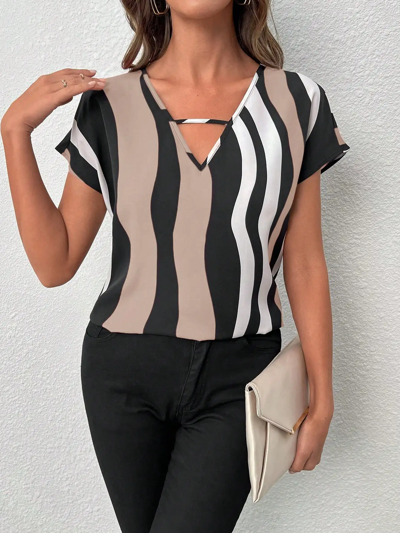 Pop verão férias estilo europeu e americano listrado camisa com decote em v manga curta pulôver camisa