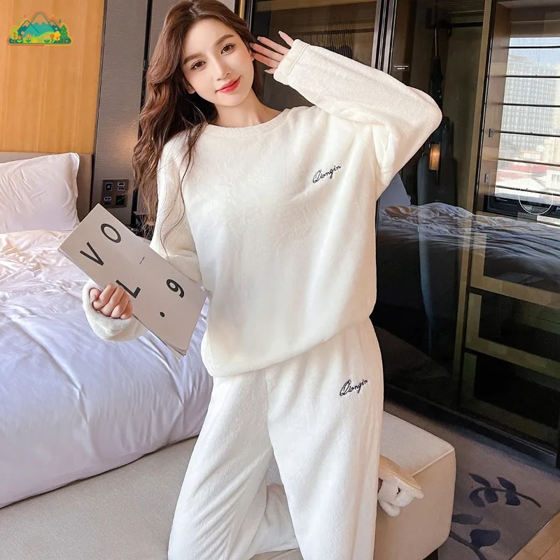 

Winter Warm Flannel Women's Sleepwear Set, Loose and Comfortable Round Neck Pullover, Home Clothes, Simple and Thick Pajamas