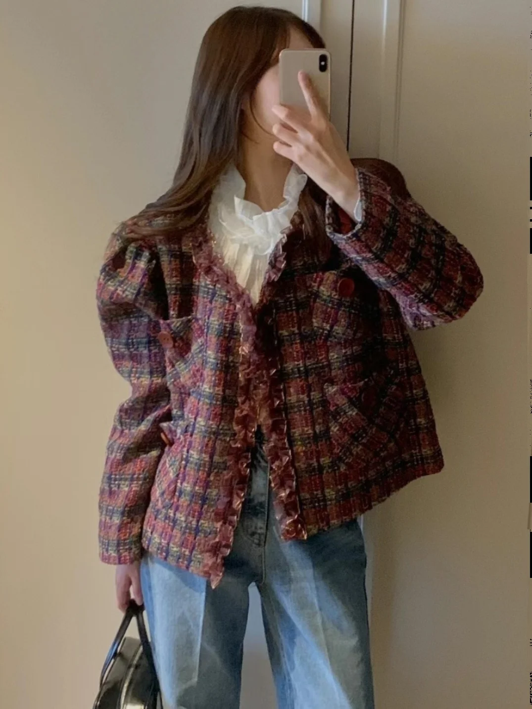 

Женский твидовый жакет в клетку свободного кроя с кружевной отделкой, антивозрастной, роскошный, с круглым вырезом, на пуговицах, повседневный топ