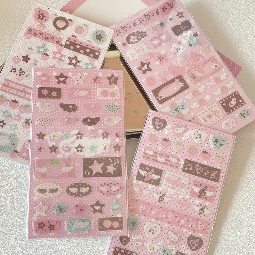 

2pcs Pink Brown Tone Music Note Strawberry Star Glitter Deco Stickers Korean Style Phone Case Decor