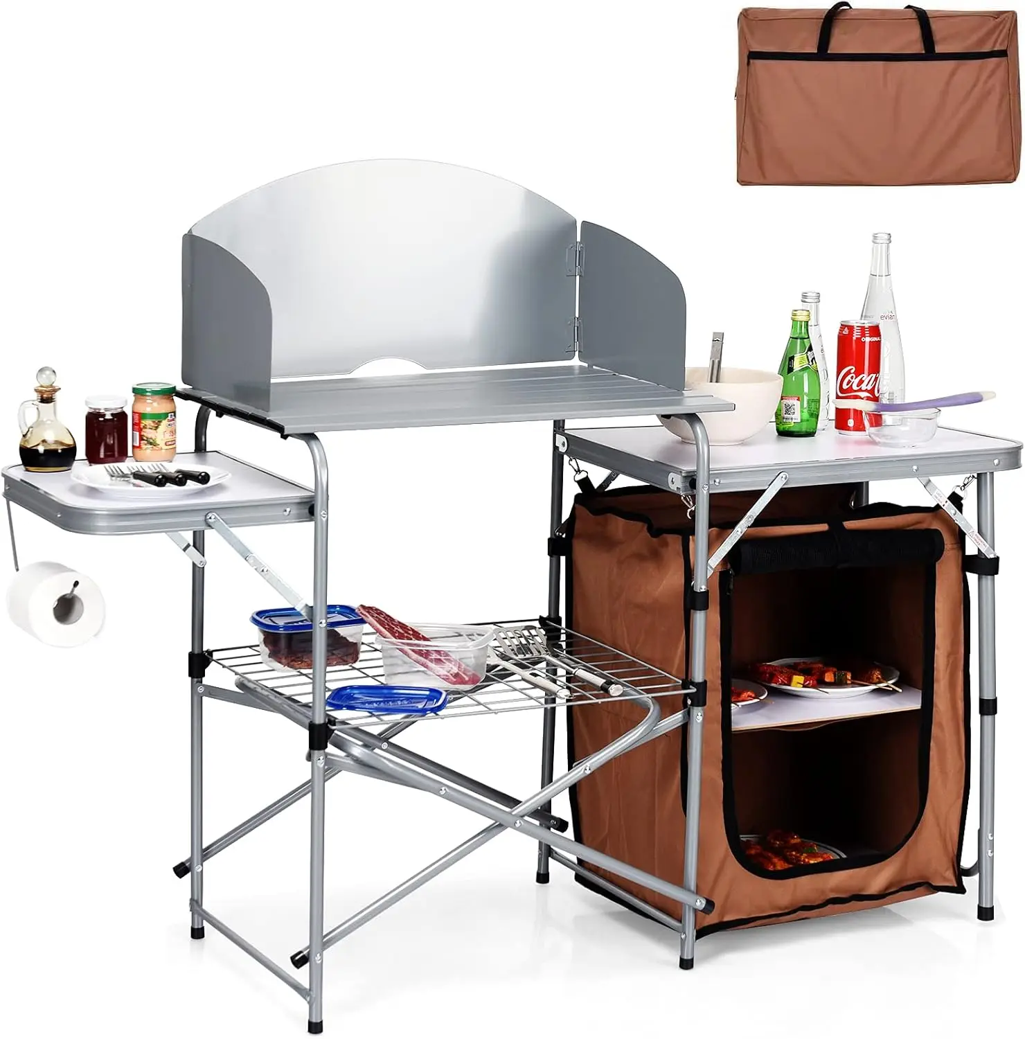 Folding Grill Table with 26'' Tabletop and Detachable Windscreen, Aluminum Portable Camp Cook Station Carry Bag Quick Set-up, BB