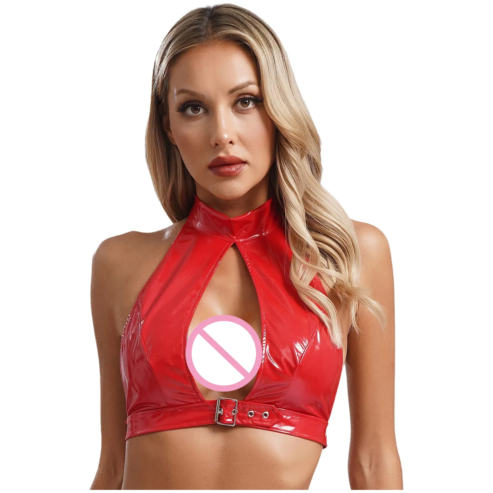 Women Sexy PU Leather Cutout Crop Tops Camisole Wet Look Halter Neck Backless Vest Rave Dance Carinival Party Nightclub Clubwear