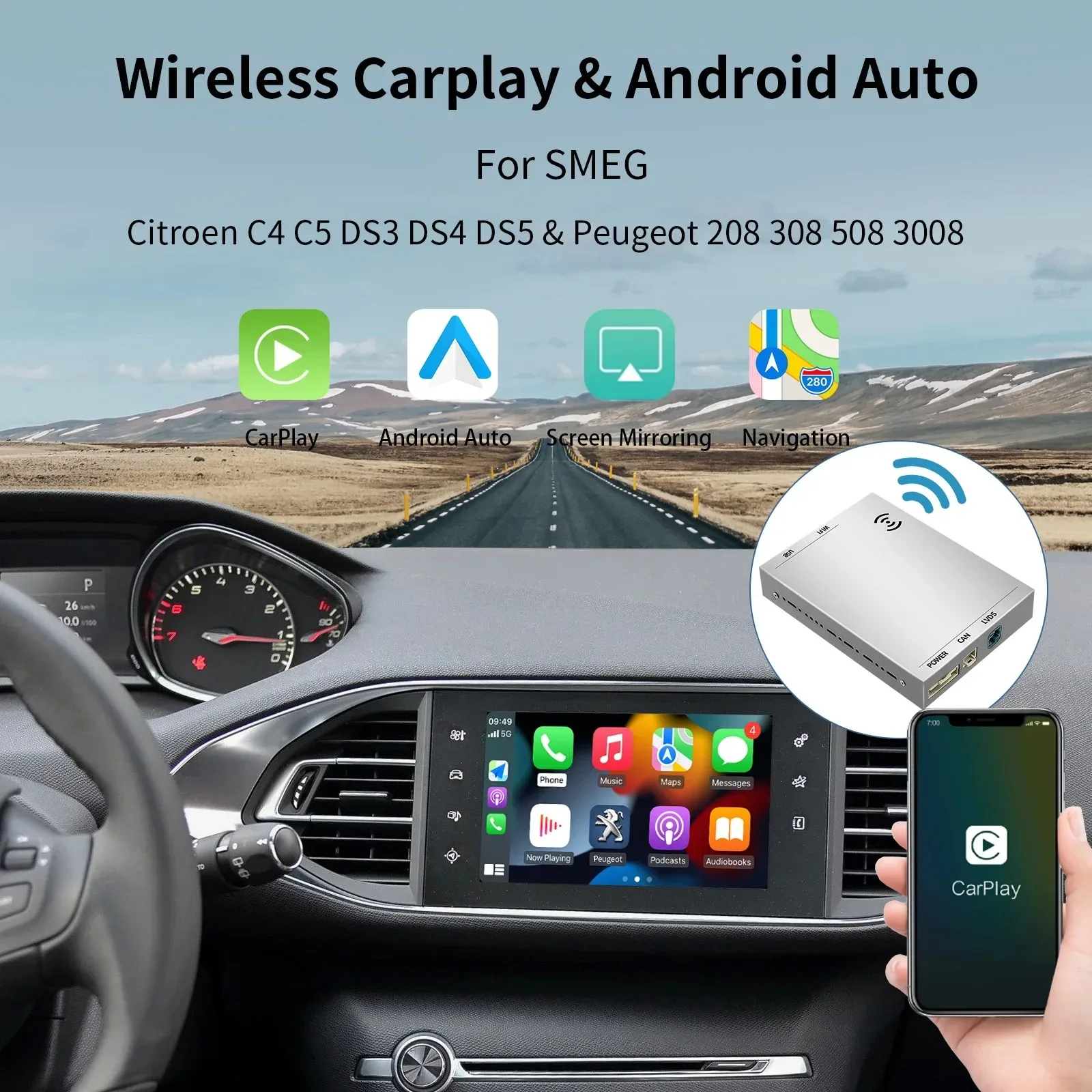 Wireless Carplay e Android Auto per Peugeot 208 308 508 3008 citroello C4 DS3 DS4 DS5 SMEG NAC accessori multimediali