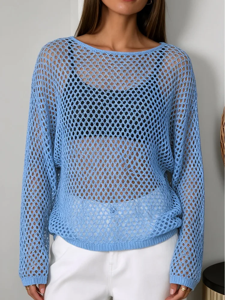 New 2026 Summer Women Hollow Out Blous Female Loose Elegant Long-sleeved Knit Top