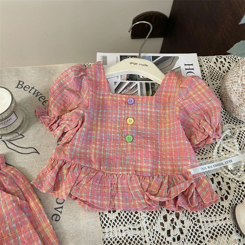 Baby Girl Set Summer New Cotton Plaid Bubble Sleeve Top And Shorts Two-Piece Set For Baby Girls Korean Version