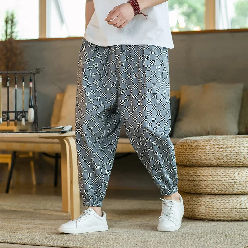 Pop Men Harajuku หลวม Harem กางเกงผู้ชายฤดูร้อน Lattice กางเกงชายหาด Joggers กางเกงชายวินเทจสไตล์จีนกางเกง