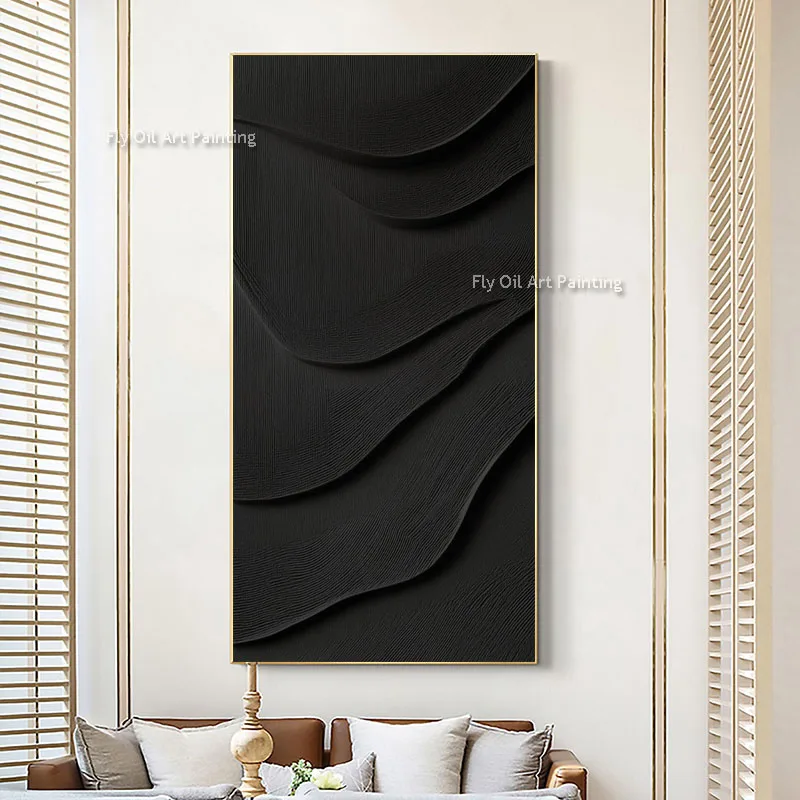 Original Handmade Abstract Canvas Oil Art, Solid Black Layered Wave Thick Texture Painting, Contemporary Tall Wall Art