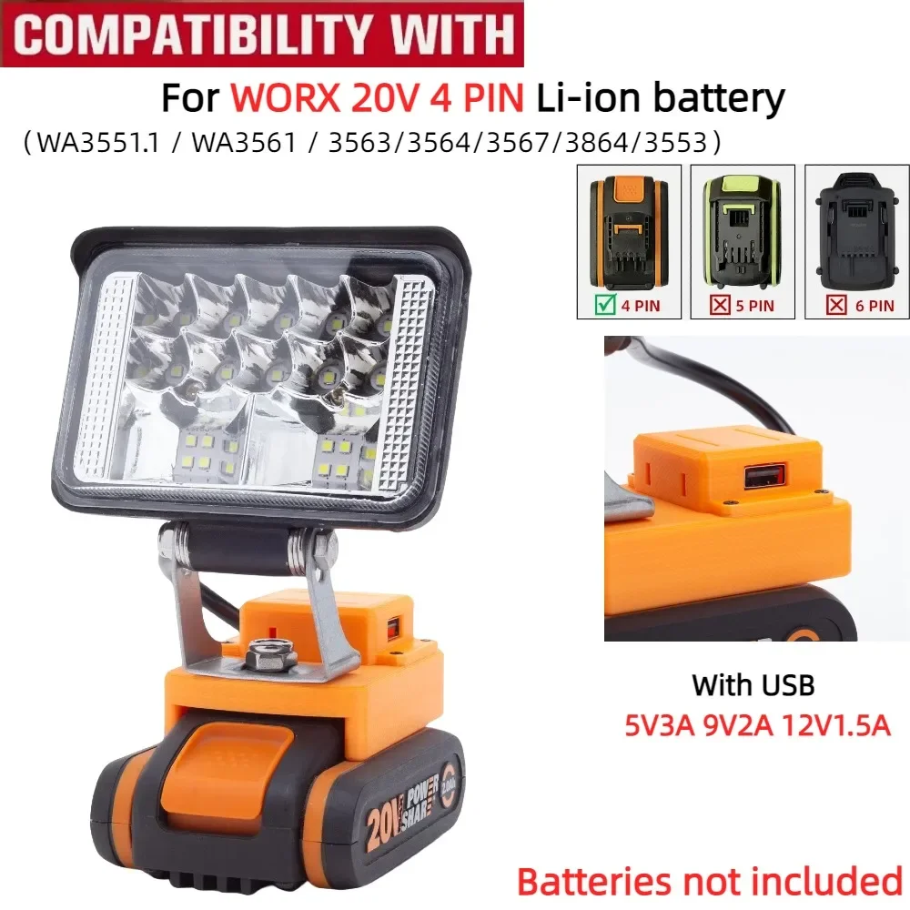 

Portable LED Work Light for WORX 20V 4 PIN（WA3551.1 / WA3561 / 3563/3564/3567/3864/3553）Battery with USB Charge Camping Lantern