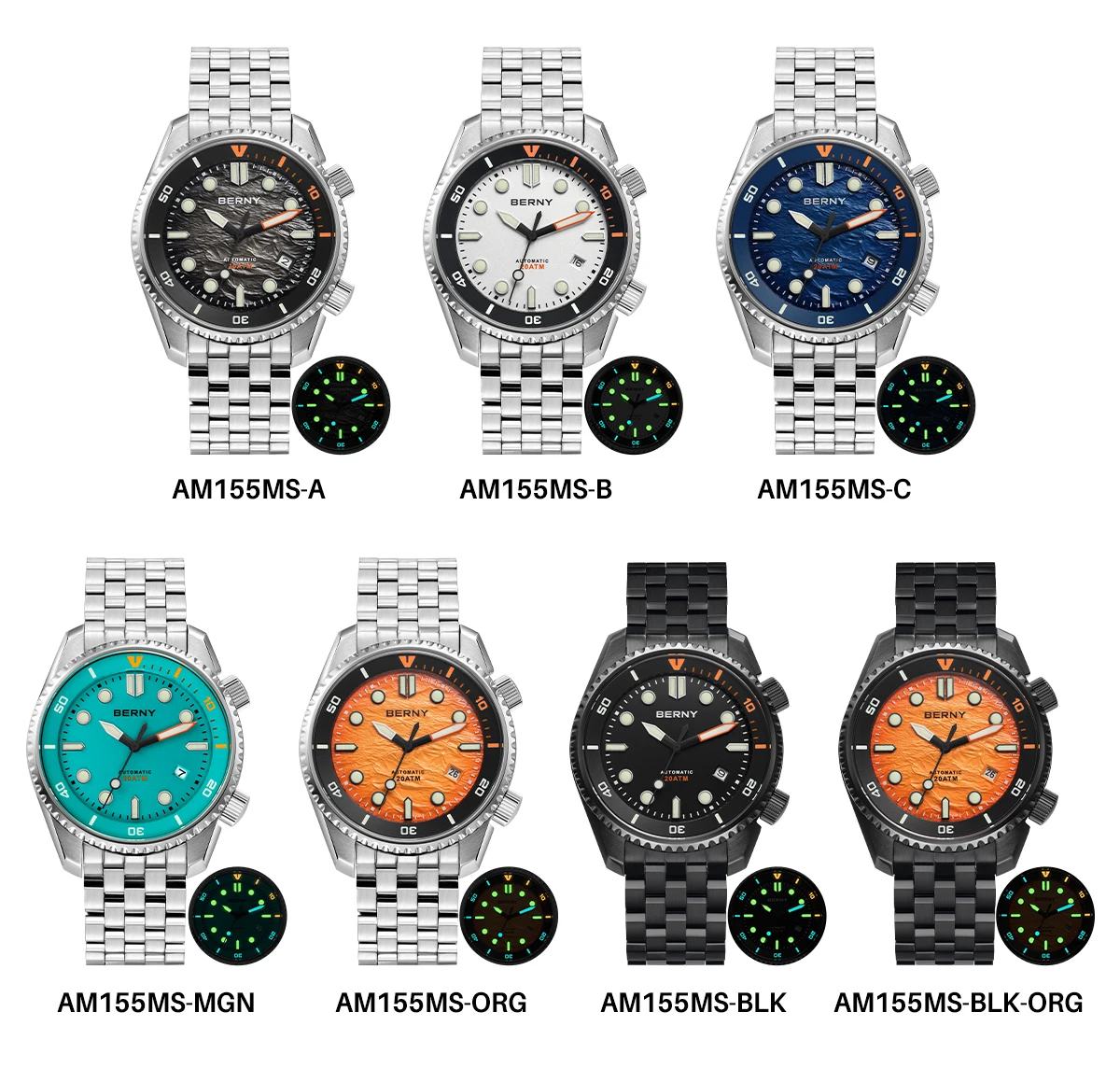 BERNY Automatic Diver Watch for Men Top Luxury Sapphire 316L Steel New Wave Dial 200M Waterproof Mechanical Diving Men's Watches
