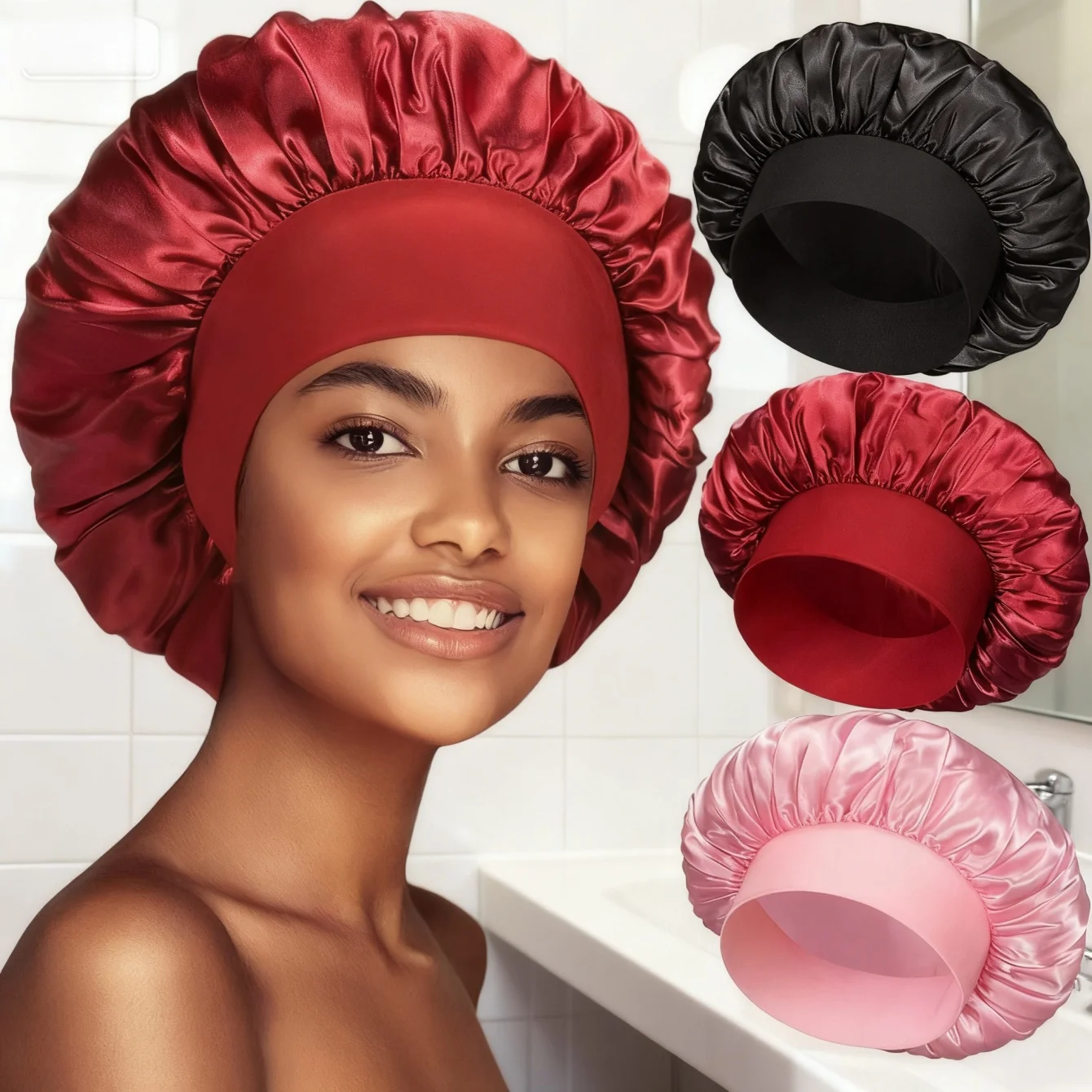 Silk Bonnet for Sleeping Women, Double Layer Hair Satin Bonnets with Elastic Band, Sleep Cap Curly Natural Hair