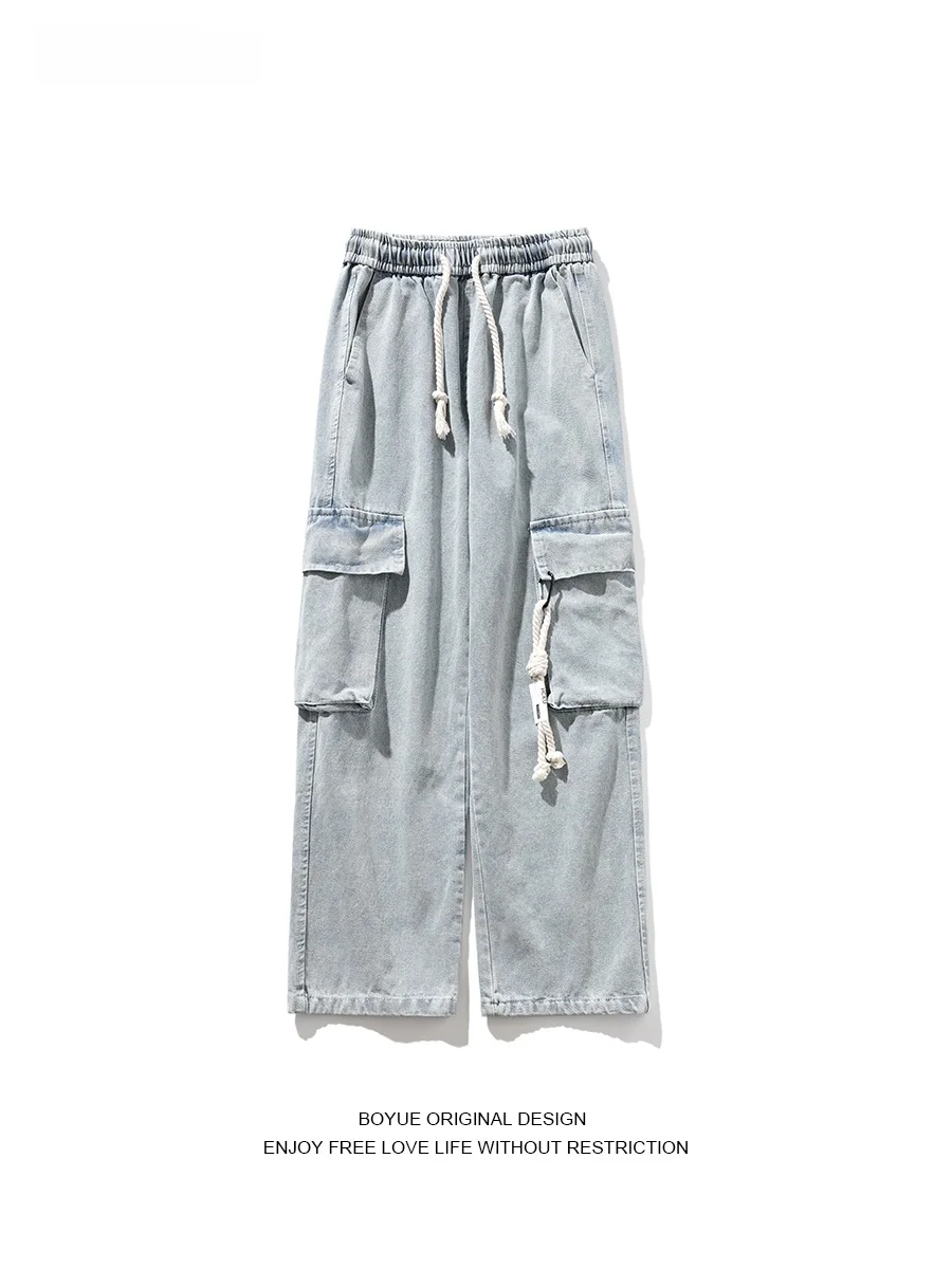 

Джинсы Boyue Dstring Workwear в гонконгском стиле, модные широкие брюки для студентов, мужские и женские, с большими карманами