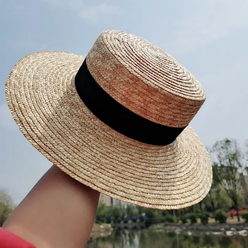 Imagen 2 del producto Boater Sombrero de paja ala ancha francés elegante cinta cuadrada sombrero de sol para mujer sombrero de paja de vacaciones 모자 가