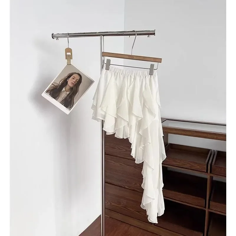 Women's Ruffled Asymmetrical Mini Skirt High Waist Elastic Chiffon A-Line