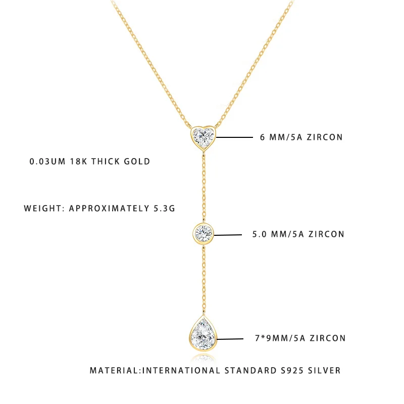 

"Elegant 3-Stone Y Drop Necklace, 925 Sterling Silver 18K Gold Plated 5.3G Sparkling Zircon Party Accessory"