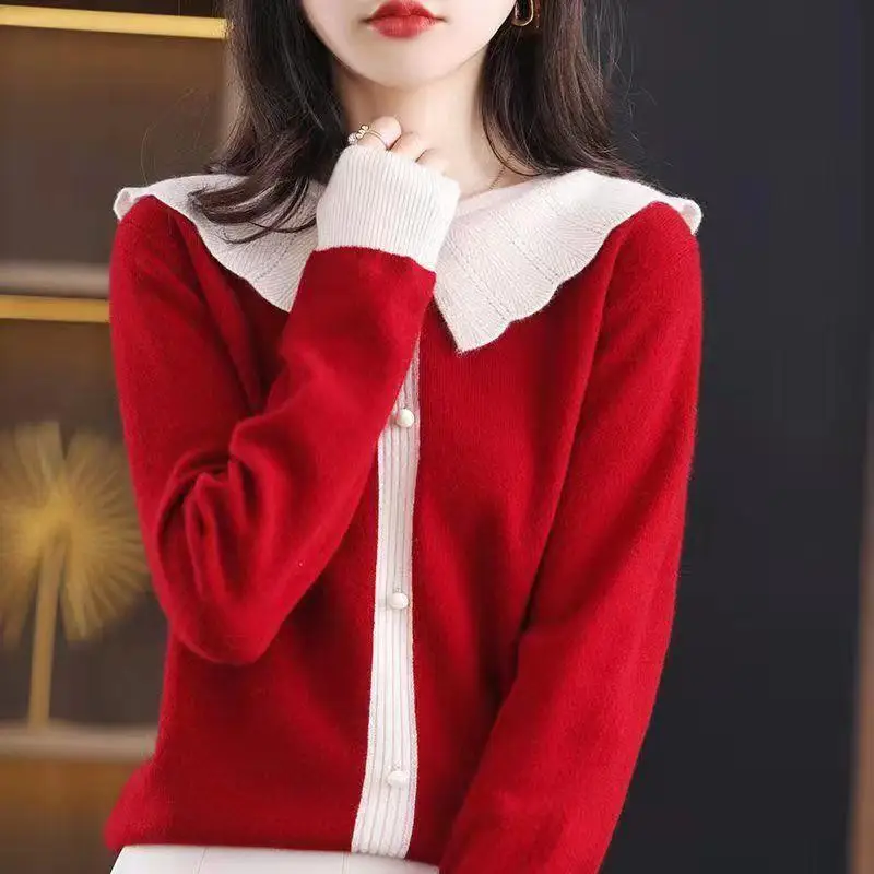 Clothes for Women Stylish Contrast Color Patchwork Sweet Soft Knitted Sweater Autumn Female Long Sleeve Loose Chic Pullover Tops