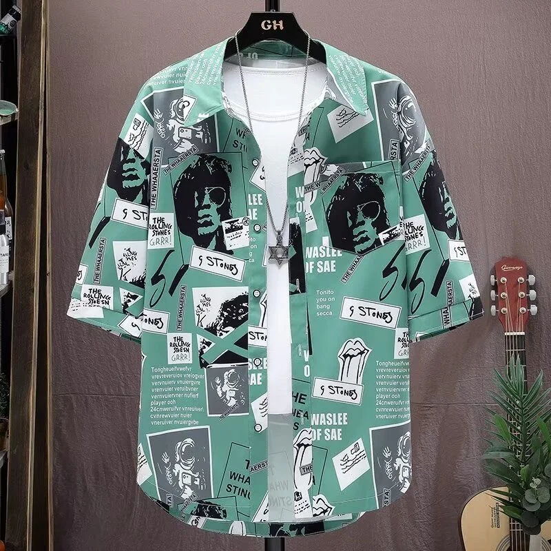 2024 Summer Fashion Print large size Ice Silk Short Sleeve Shirt Men's Casual Relaxed Comfortable Breathable High-Quality Shirt