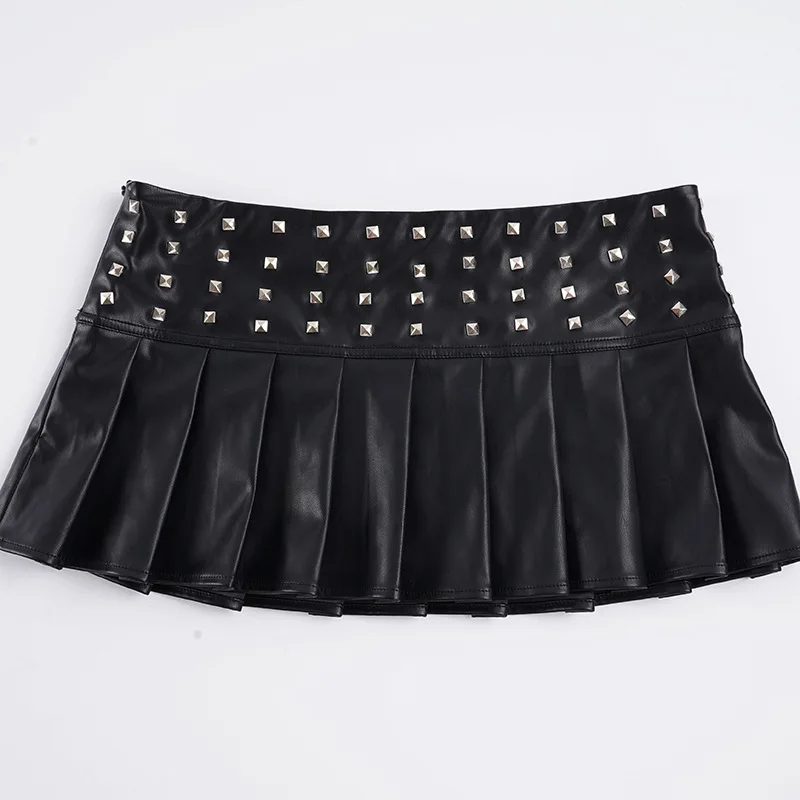 Hundred fold mini skirt with rivets, high waisted black gothic punk rock A-line Y2K street style party skirt