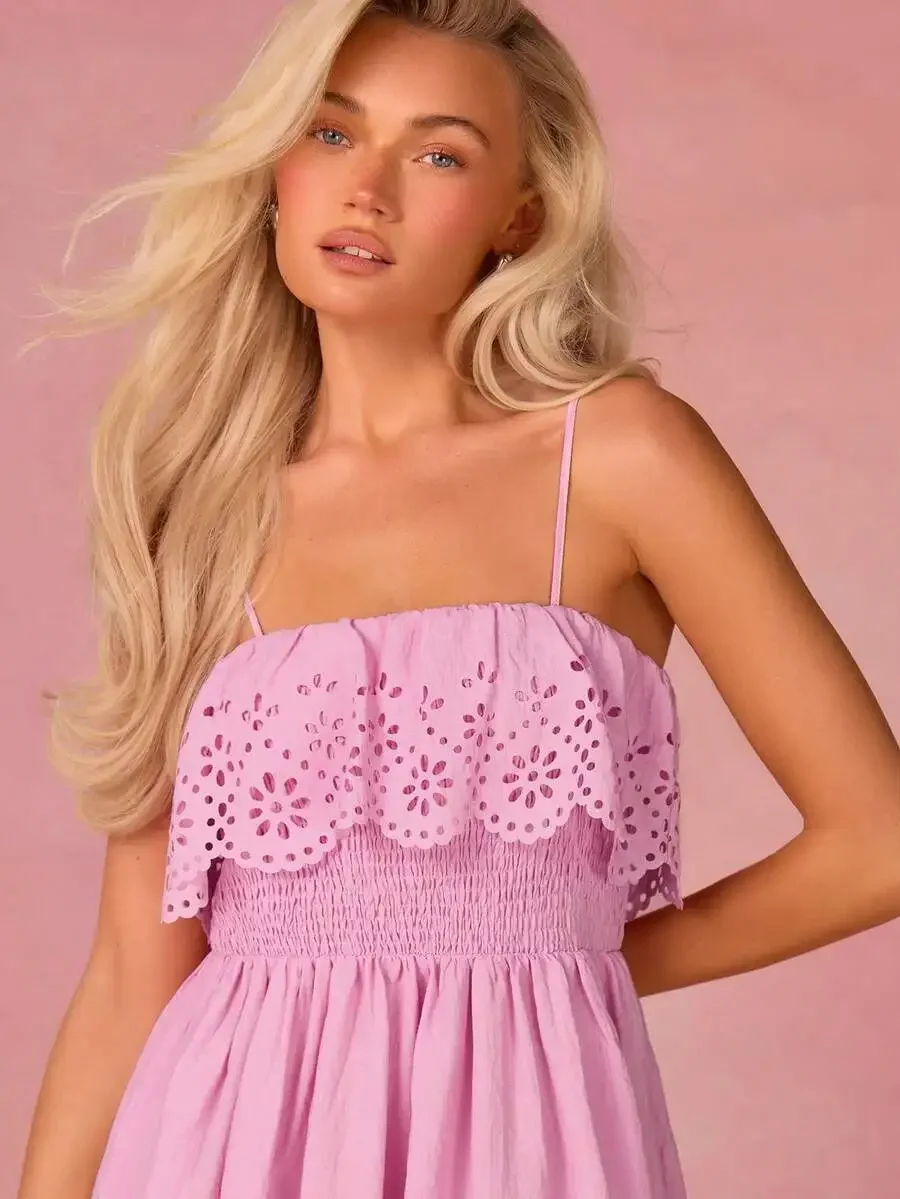 

Elegant Pink Sleeveless Smocked Waist Dress With Floral Cutout Detail Summer Casual Dress