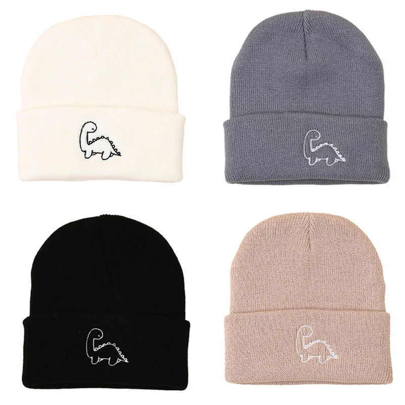 

Детская шапка с вышивкой динозавра для мальчиков и девочек, осенне-зимняя вязаная простая шапка-бини, однотонные шапки, теплые аксессуары для детей от 1 до 4 лет