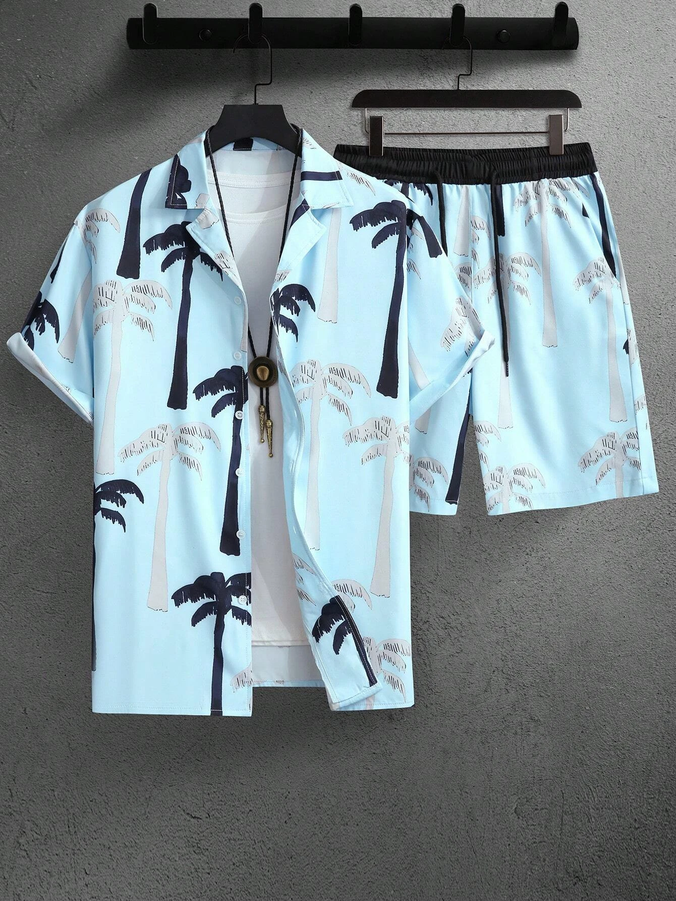 Summer Men's and Women's Short Sleeve Shirt Set Tropical Plant Palm Tree Print Fashion Lapel Button Top Shorts