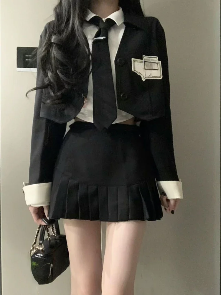 

Preppy Style Fashion Suit Black Blazers Cardigan + Casual Short Shirt + Slim Y2k Mini Skirt Uniform Korean 3 Piece Set 2024 Chic