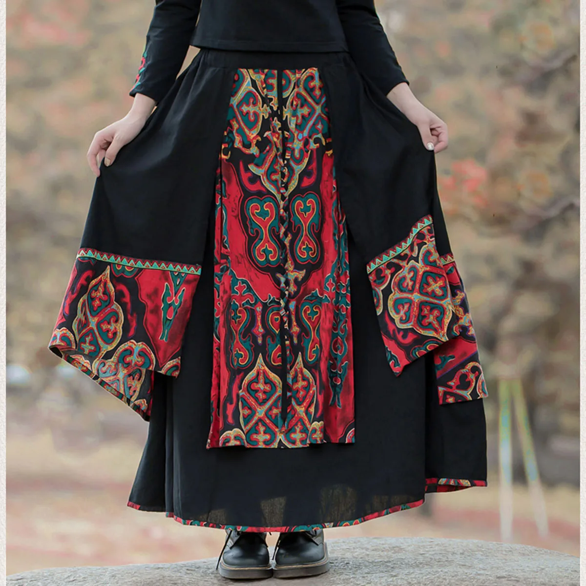 

National style Cotton Linen Irregular A-line Skirt Retro Ladies Long Skirts Elastic Waist Layered Maxi Half-Length Skirt Autumn