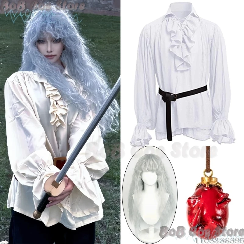 Griffith Witte Adelaar Anime Cosplay Kostuum Prop Witte Krul Pruik Middeleeuwse Mannelijke Vintage Tops Riem Ridder Pak Rode Ketting Roleplay