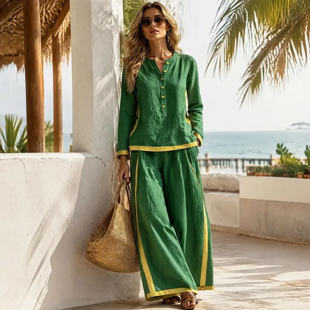Women Two Piece Outfits Long Sleeve Sweatshirt Women’s Two Piece Matching Set V-neck Button-up Sweatshirt High Waisted Wide