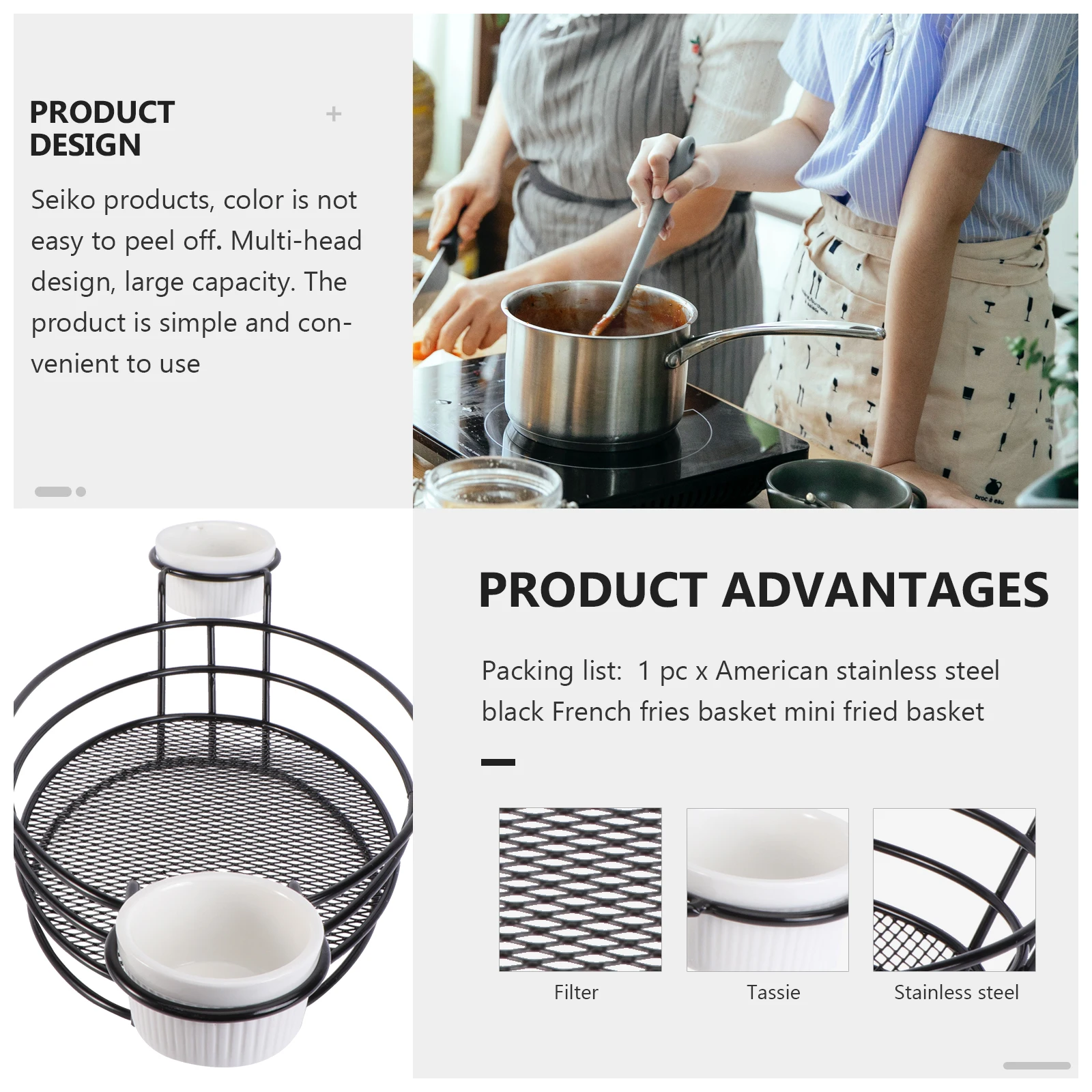 

Stainless Steel Chip Basket Frying Kitchen Food Holder for French Fries Snacks Restaurant Home Use Black Mini Double Tier
