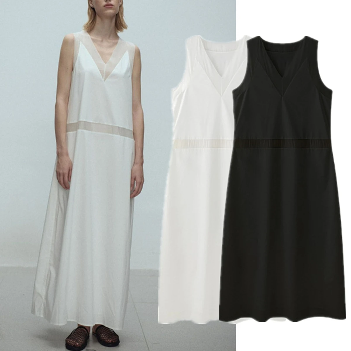 

Maxdutti Minimally Hollowed Out Mesh Patchwork Dress Summer Dress Simple And Loose V-neck Sleeveless Dress Women Woman Clothing