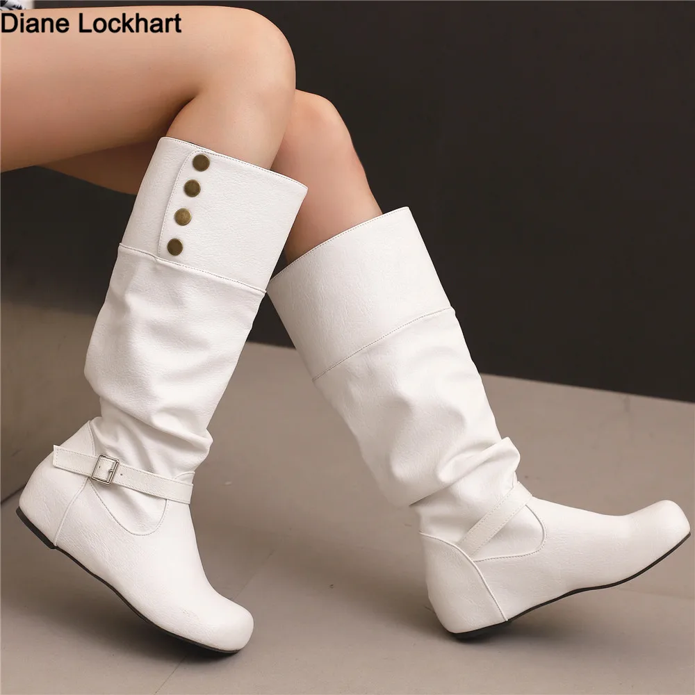 

Women's White PU Leather Knee High Boots Pleated Tall Design Internal Height Buckle Long Footwear for Autumn Winter Size 34-50