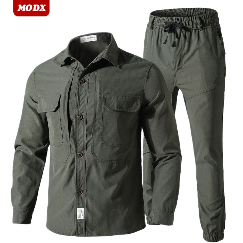 Men Summer Camo Elastic Quick Drying Set Lightweight Breathable Comfortable Multi Pocket Set Outdoor Wear Resistant Work Clothes