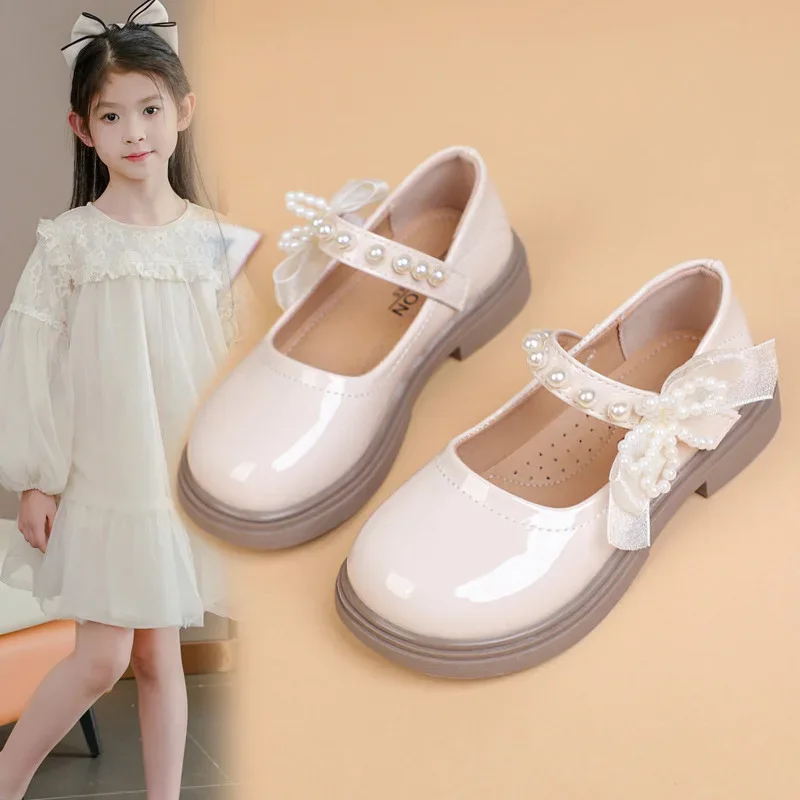 2025 Autumn New Children Flat Shoes Round Toes Capped Kids Leather Shoes Sweet Lace Bows Girls Princess Shoes Non-slip Soft Sole