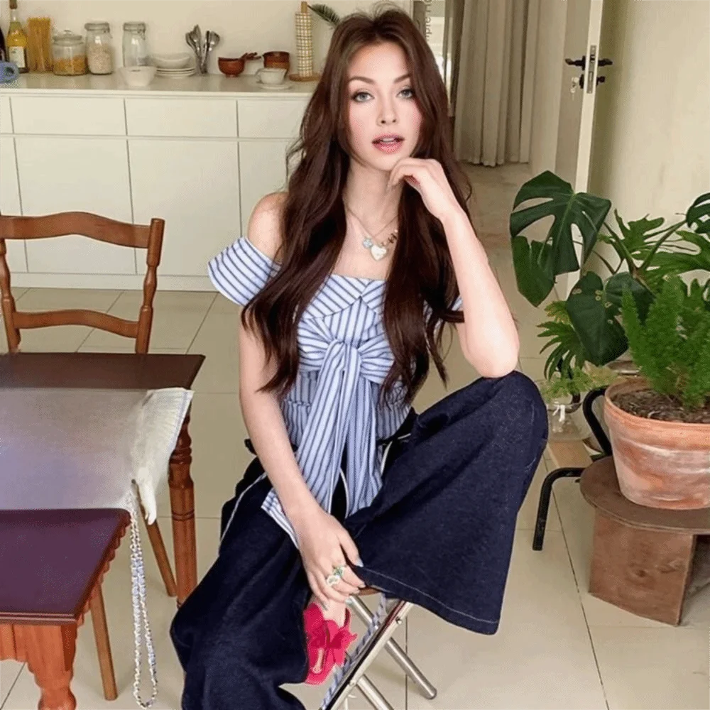 Short Women Blue Stripes Blouse V-neck Korean Style Long Sleeve Shirts Slim Fit Blue Stripes Slim Buttons Shirts Lady Business