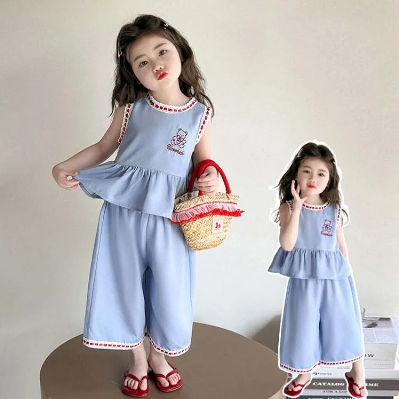 1-10 Jahre Mädchen-Outfit RAISE Sommer Kinder Mädchen Bären-Motiv Ärmellose T-Shirts Anzüge Einfarbige Kleinkind Mädchen Weite Hosen 2-teiliges Set