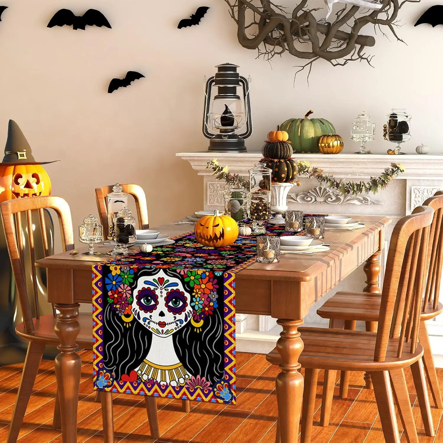 Mexican Day of The Dead Sugar Skull Linen Table Runners Dresser Scarf Decor Washable Dining Table Runners Party Decorations