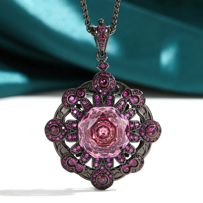 Vintage Black Metal Pendant Necklace with 14mm Square Cut Green Purple White Shiny Crystal Retro Floral Hollow Design Jewelry