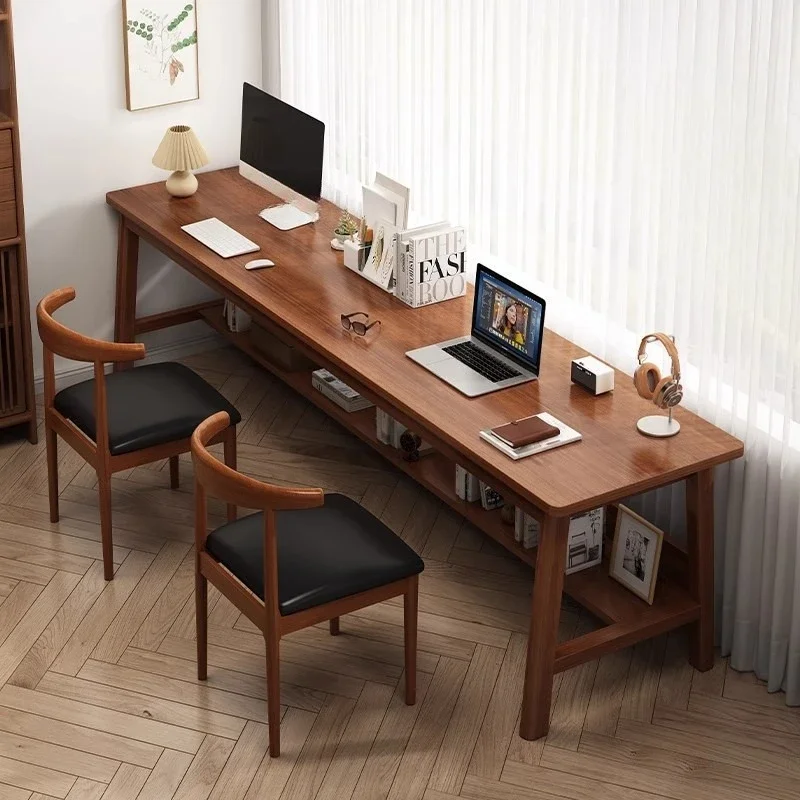Against the wall, narrow table, rectangular office, double desk, home study, solid wood leg computer desk